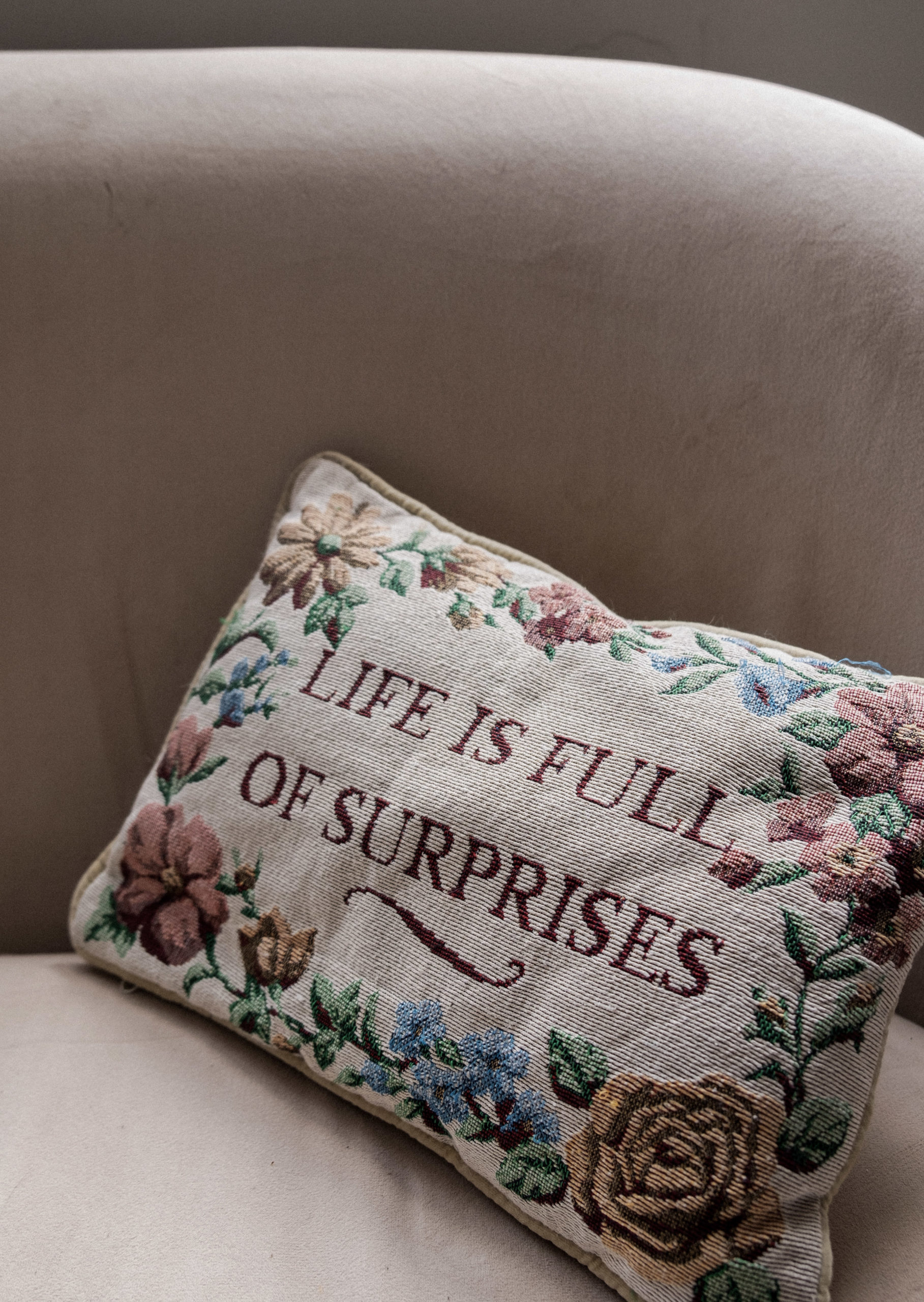 Pillow with an unexpected message on it "life is full of surprises"